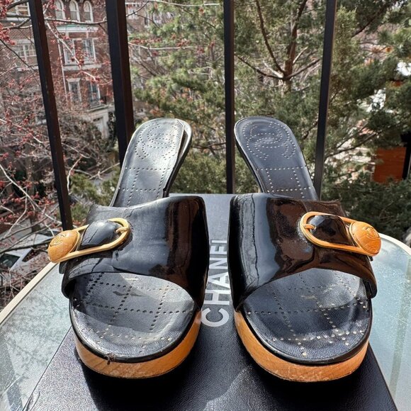 CHANEL Sandals Mules Heeled Shoes Platform Black Buckle CC Logo Box EUR 36.5 - Picture 9 of 16